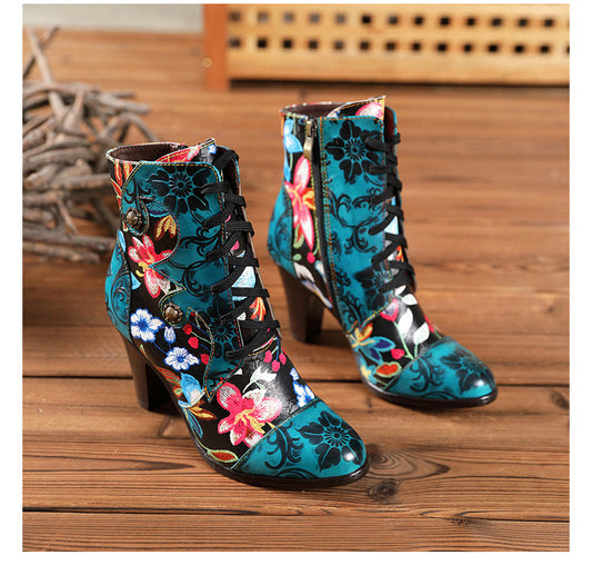 Ethnic Leather High-Heeled Boots for Autumn & Winter Fashion - Beautiful Handmade Retro Floral Design