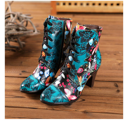 Ethnic Leather High-Heeled Boots for Autumn & Winter Fashion - Beautiful Handmade Retro Floral Design
