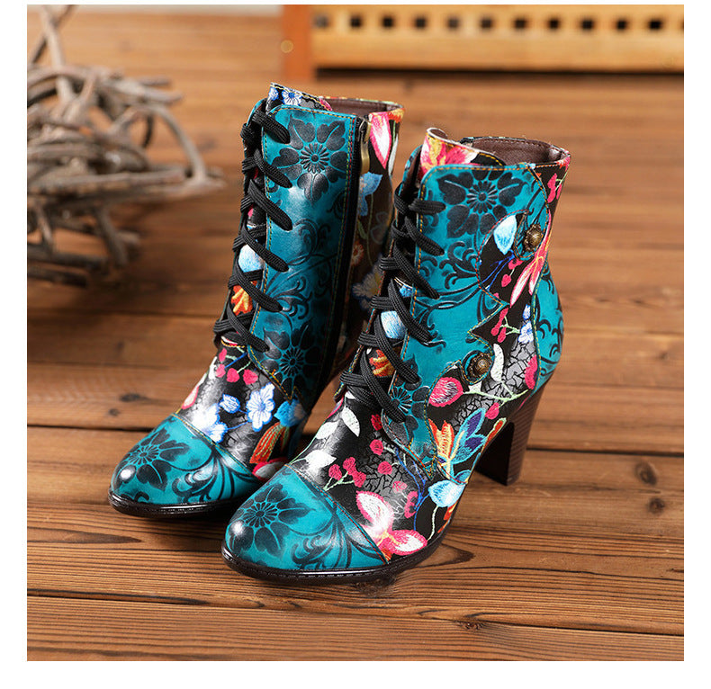 Beautiful Women Boots Autumn And Winter Fashion Ethnic Leather Handmade Retro Floral Shoes High-Heeled Boots