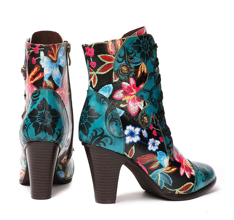 Beautiful Women Boots Autumn And Winter Fashion Ethnic Leather Handmade Retro Floral Shoes High-Heeled Boots