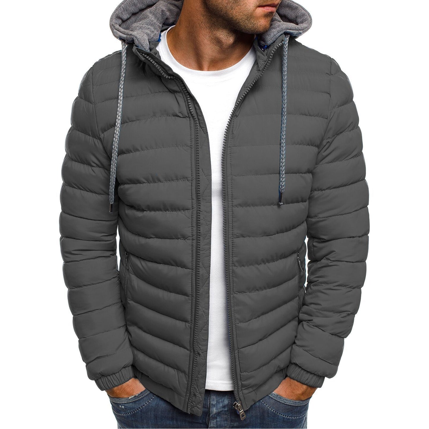 Stand-Up Collar Padded Hooded Jacket for Men - Outdoor Striped Cotton Padded Jacket