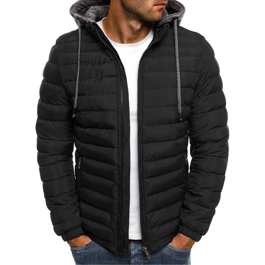 Stand-Up Collar Padded Hooded Jacket for Men - Outdoor Striped Cotton Padded Jacket