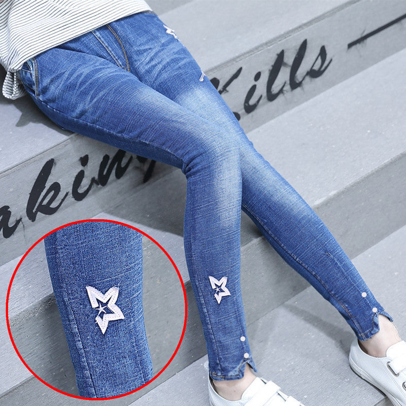 Children"s Clothing Girls" Spring New Fashion Five Pointed Star Skinny Jeans