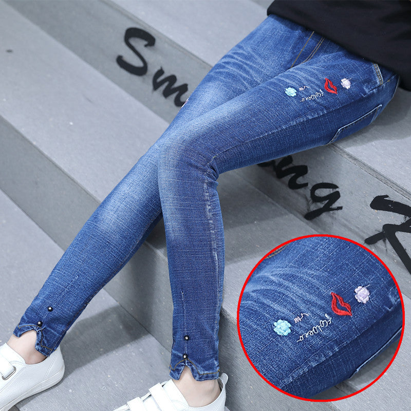 Children"s Clothing Girls" Spring New Fashion Five Pointed Star Skinny Jeans