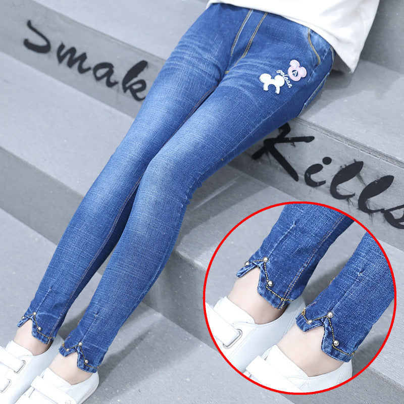 Children"s Clothing Girls" Spring New Fashion Five Pointed Star Skinny Jeans