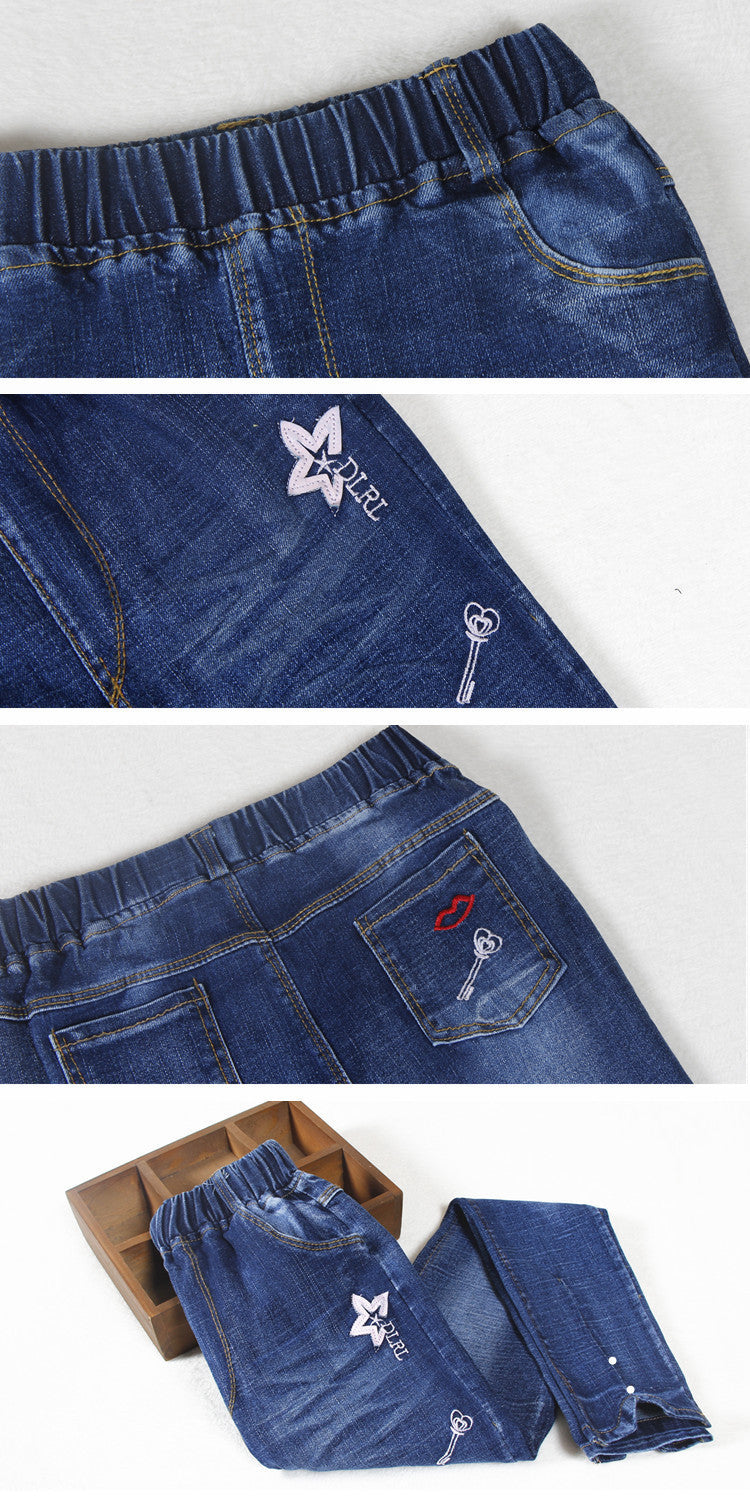 Children"s Clothing Girls" Spring New Fashion Five Pointed Star Skinny Jeans