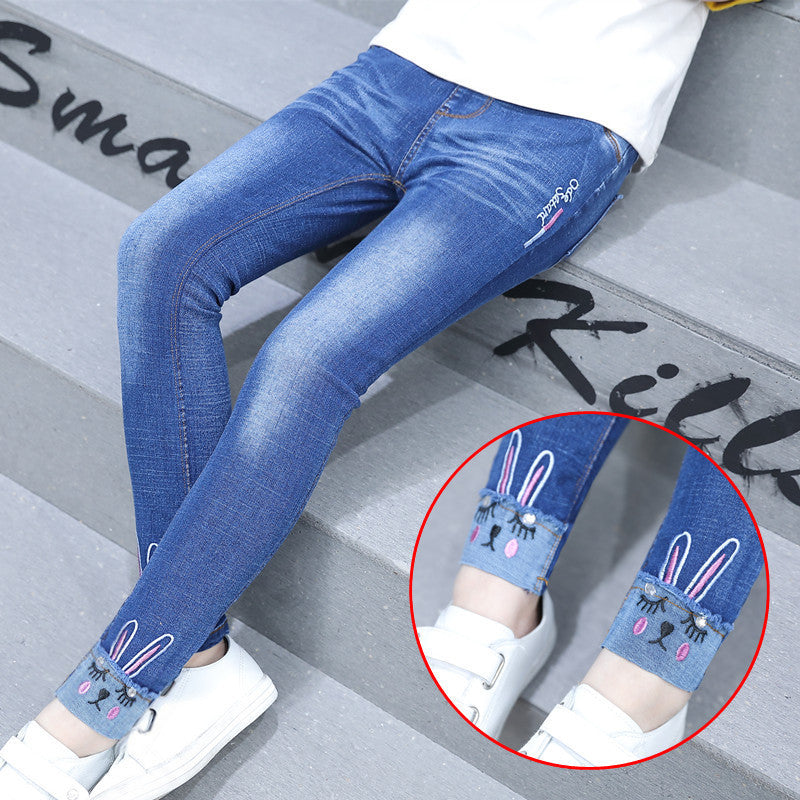 Children"s Clothing Girls" Spring New Fashion Five Pointed Star Skinny Jeans