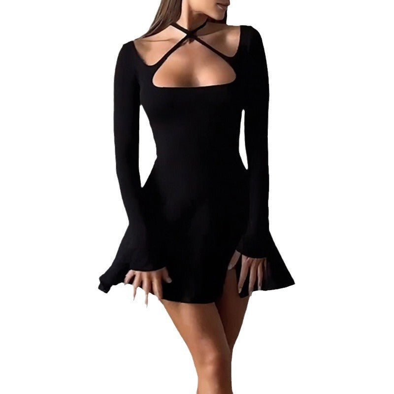 Elegant Sexy Black Short Dress Black Solid Simple Square Collar Long Sleeve A Line Ladies Party Dresses