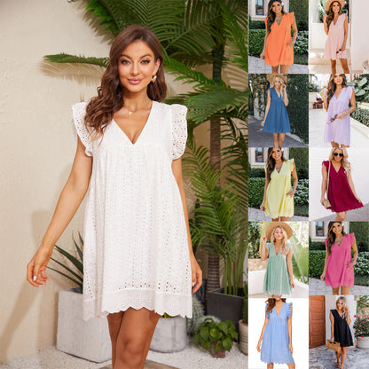 Lace Summer Beach Dress with Pockets - Sleeveless Jacquard Cutout V-Neck