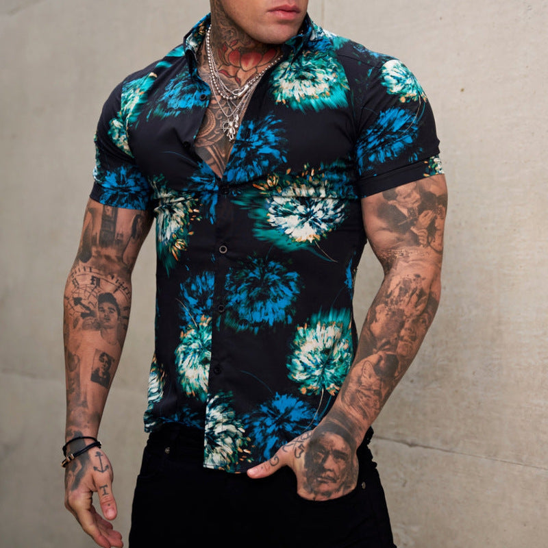 Men's Summer Slim Fit Shirt - Fashion Stretch 3D Printing Lapel Short Sleeves