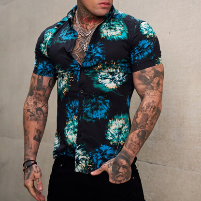 Men's Summer Slim Fit Shirt - Fashion Stretch 3D Printing Lapel Short Sleeves