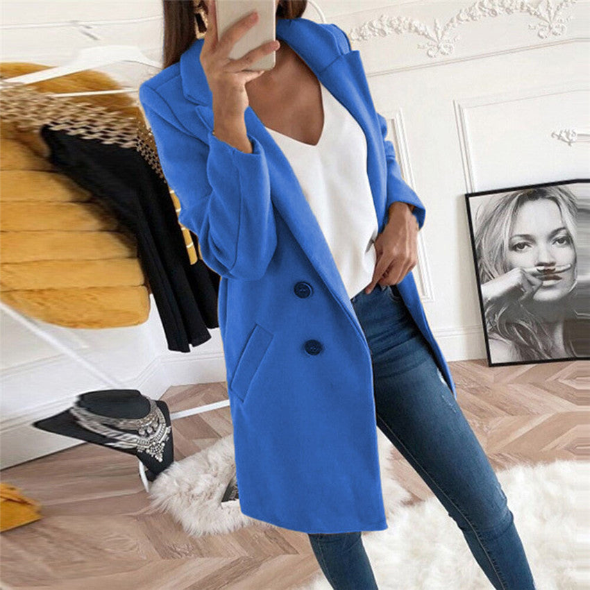 Solid Color Woolen Polo Collar Coat - Mid-length Button Design