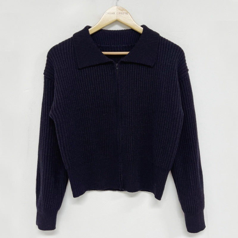 Lapel Zipper Casual Versatile Sweater Coat