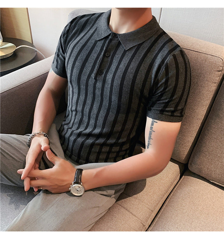 Men's Fashion Wide Striped Short-sleeved Polo Shirt