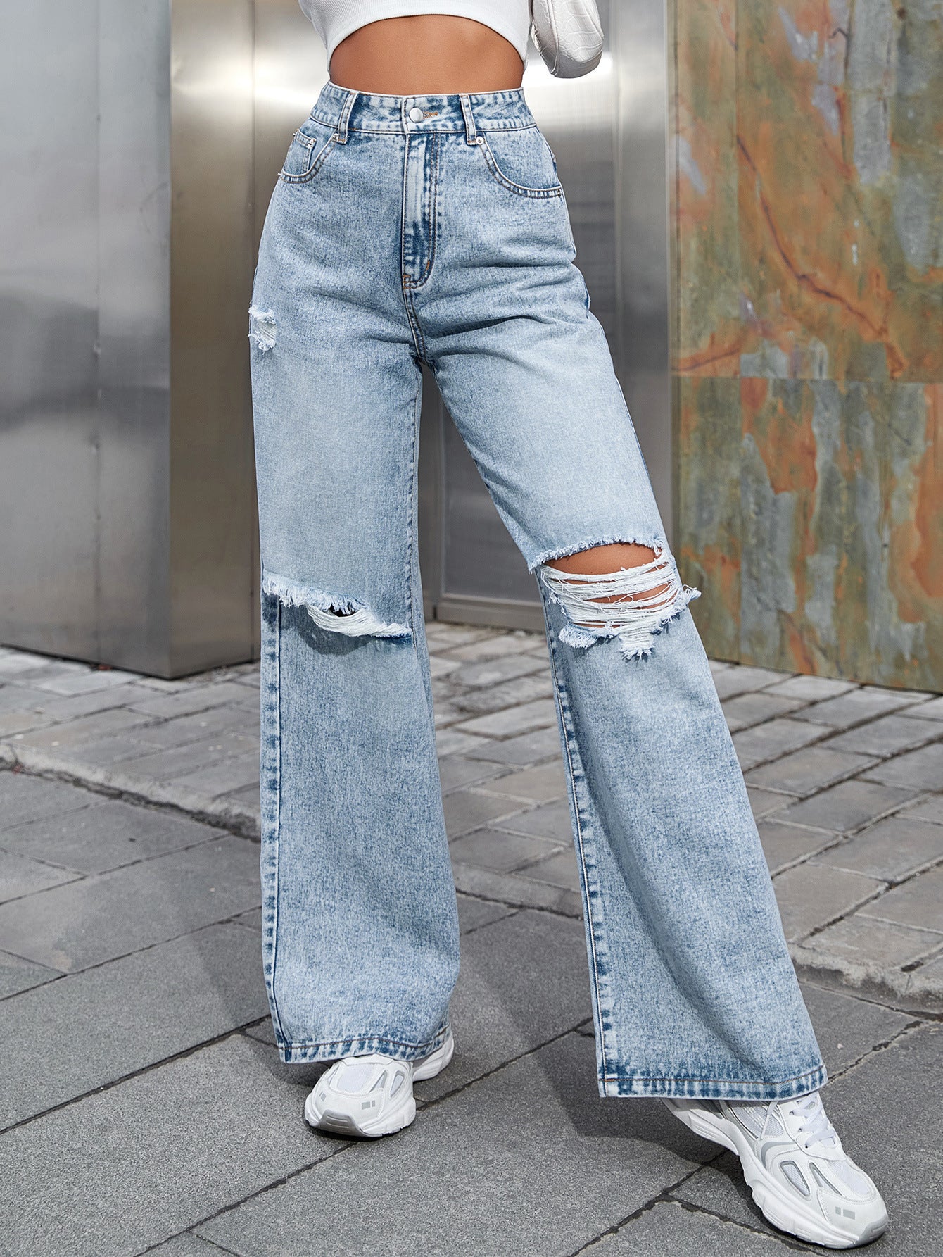 Women's Fashion Holes High Waist Casual Denim Trousers