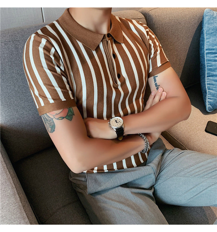 Men's Fashion Wide Striped Short-sleeved Polo Shirt