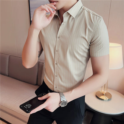 Men's Ice Silk Shirt - Leisure Short Sleeve Striped Design