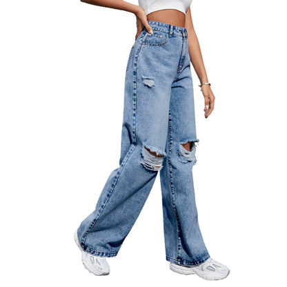 Women's Fashion High Waist Denim Trousers with Holes