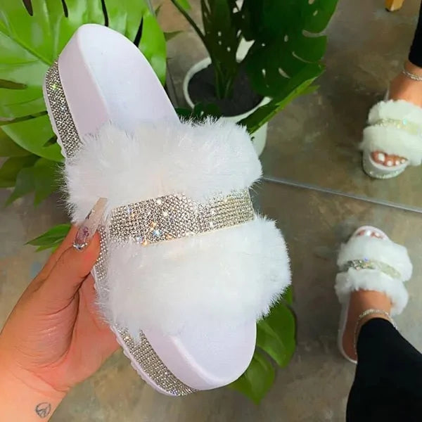 Luxury Designer Women Fur Rhinestone Slippers