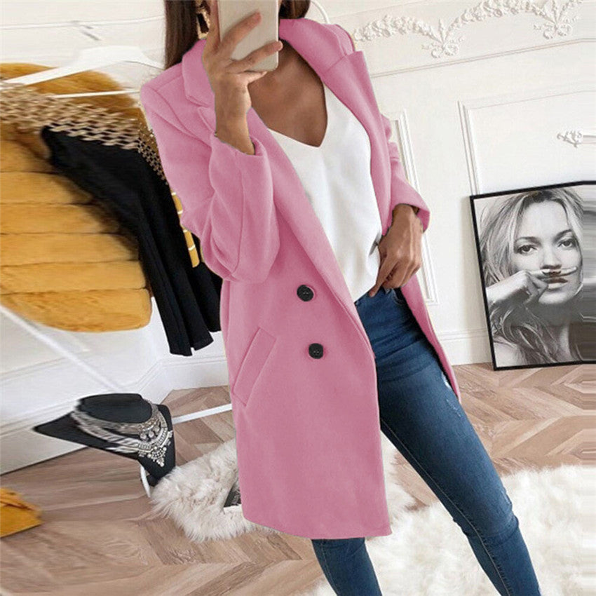 Solid Color Woolen Polo Collar Coat - Mid-length Button Design