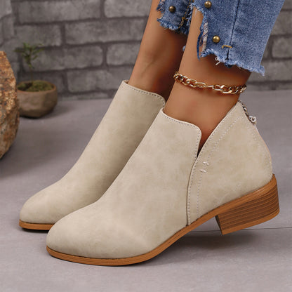 Chunky Heel Ankle Boots with V-Cut Design for Women - Fashionable Fall Winter Short Boots