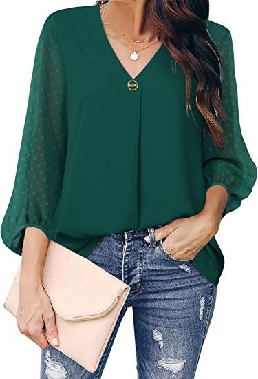 Women's Puff Sleeve V-neck Shirt - Long Sleeve Top