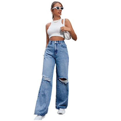 Women's Fashion High Waist Denim Trousers with Holes