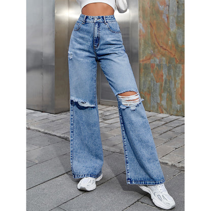 Women's Fashion High Waist Denim Trousers with Holes