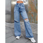 Women's Fashion High Waist Denim Trousers with Holes