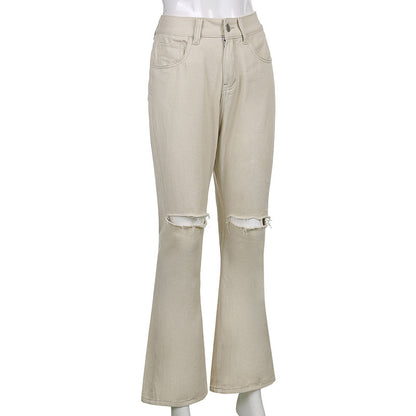 Casual Wide-leg Ripped Denim Pants High-waist Trousers