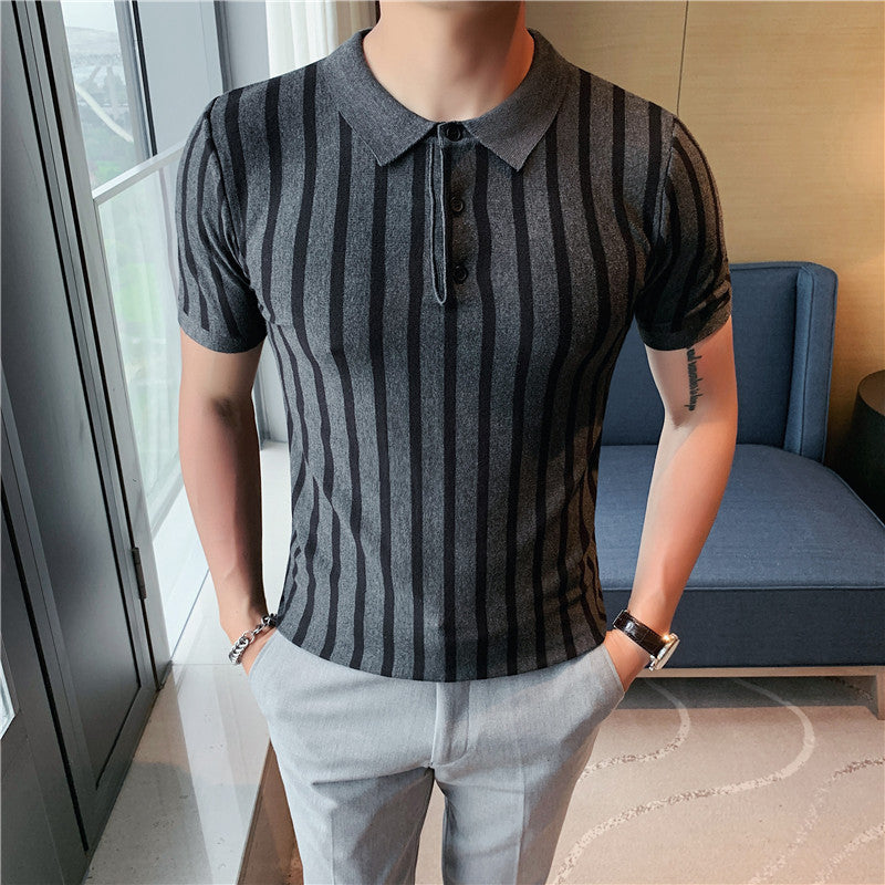 Men's Fashion Wide Striped Short-sleeved Polo Shirt