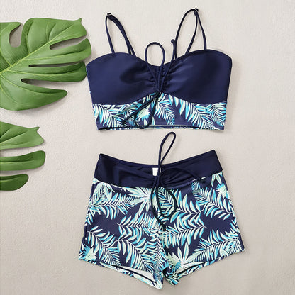 Women's Lace Printing Swimsuit with Split High Waist Boxer Design