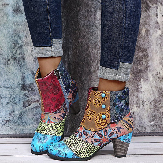 Print Ankle Boots for Women - Chunky Mid Heel Side Zipper Shoes