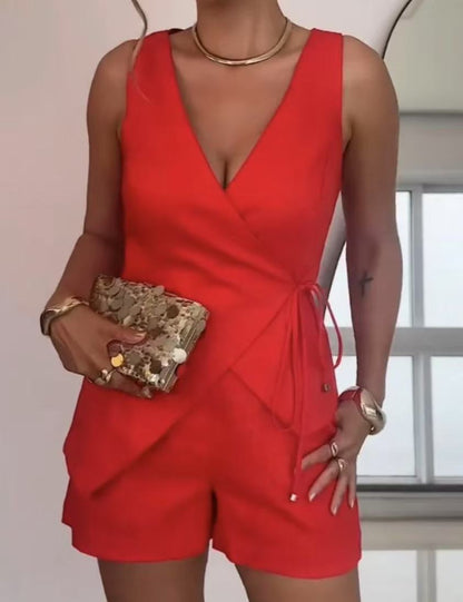 Solid Color Tie Vest Shorts Suit for High Waist Style