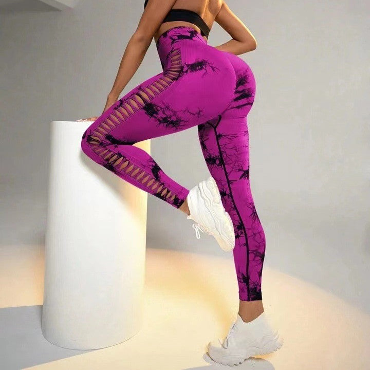 Hollow Tie Dye Printed Yoga Pants High Waist Butt Lift Seamless Sports Gym Fitness Leggings Slim Pants For Women Tight Trousers