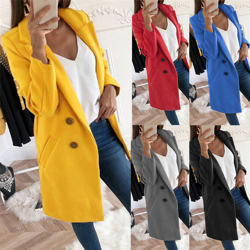 Solid Color Woolen Polo Collar Coat - Mid-length Button Design