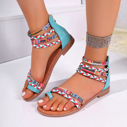 Ethnic Colorful Flat Bottom Sandals - Large Size with Stylish Stitching Design for Comfort and Style