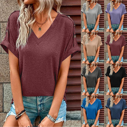 Solid Color Short Sleeve T-shirt | Fashionable Button Design
