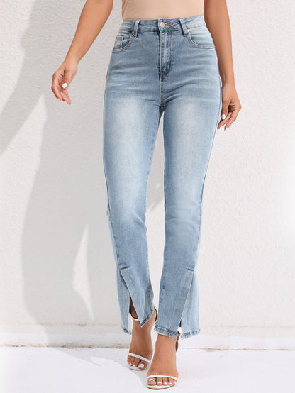 Commuter Stretch Washed Jeans - Fashionable Split Straight Pants