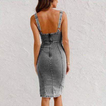 U-neck Denim Dress - New Suspender Summer Casual Slim Fit Dress with Slit Design for Women