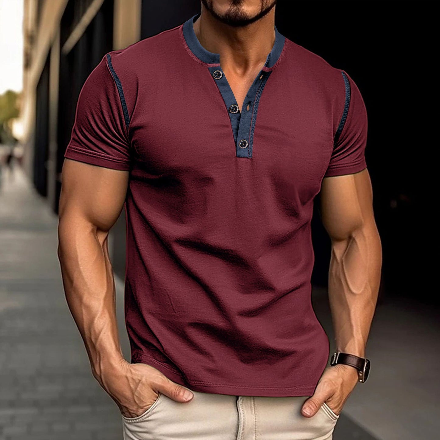 Fashion Short-sleeved Polo Shirt Summer Button V-neck T-shirt Tops Mens Clothing