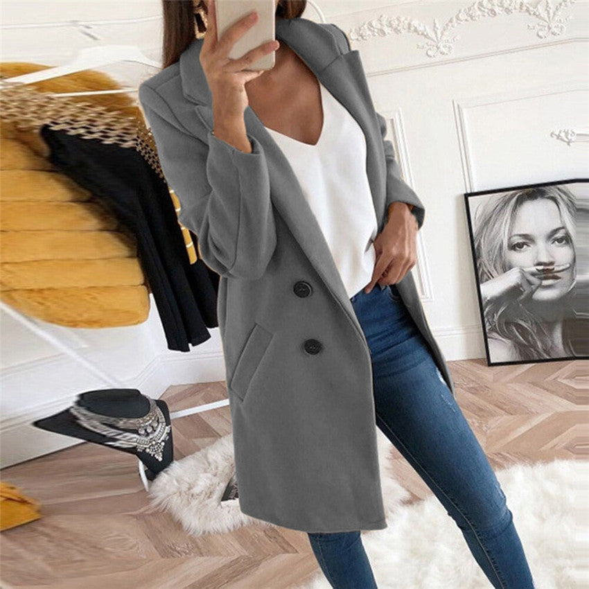 Solid Color Woolen Polo Collar Coat - Mid-length Button Design