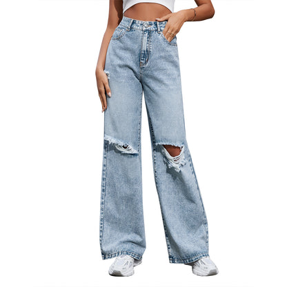 Women's Fashion High Waist Denim Trousers with Holes