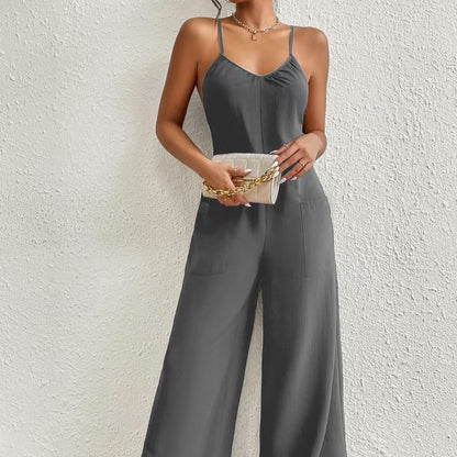 Ladies Jumpsuit with Solid Color Chest Pleated Design and Cross Suspenders