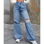 Women's Fashion High Waist Denim Trousers with Holes