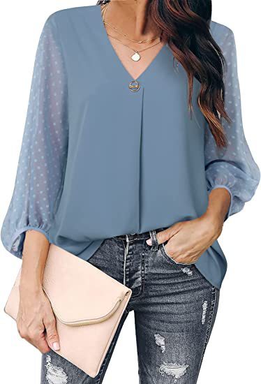 Women's Puff Sleeve V-neck Shirt - Long Sleeve Top