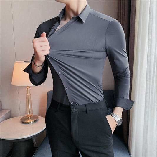 Seamless Elastic Vertical Men's Shirt Long Sleeve Solid Color Men's Shirt