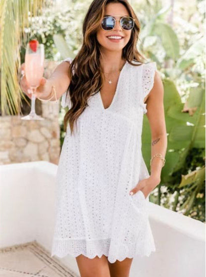 Lace Summer Beach Dress with Pockets - Sleeveless Jacquard Cutout V-Neck