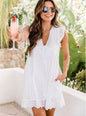 Lace Summer Beach Dress with Pockets - Sleeveless Jacquard Cutout V-Neck