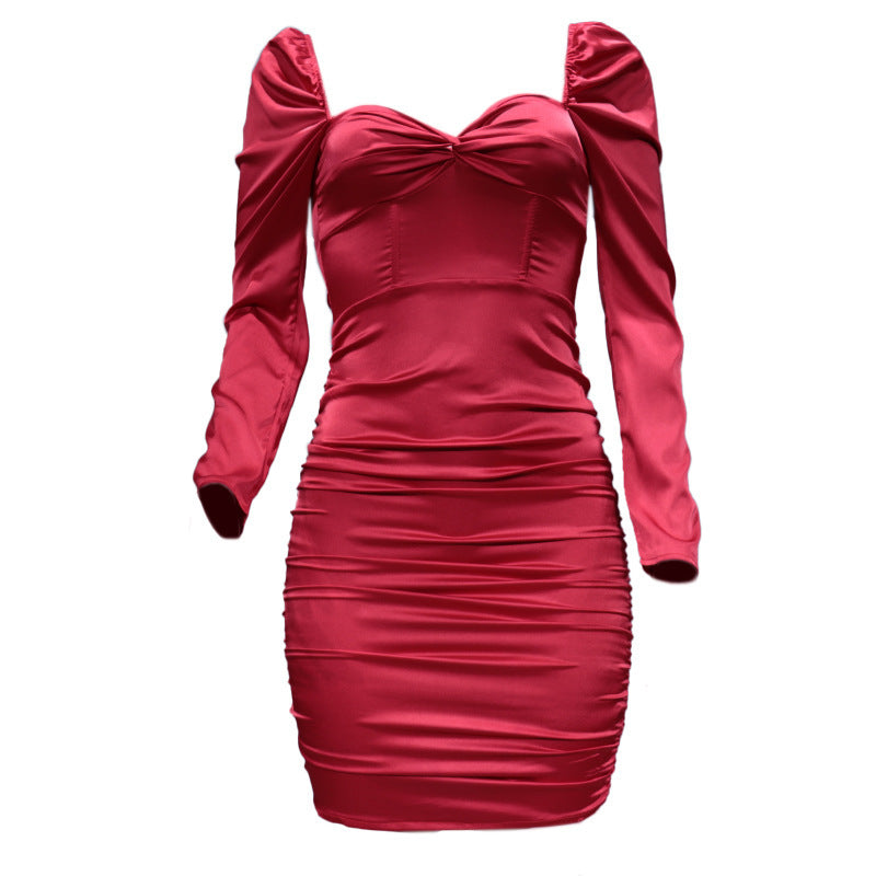 Women's Long Sleeve Square-neck Pleated Dress